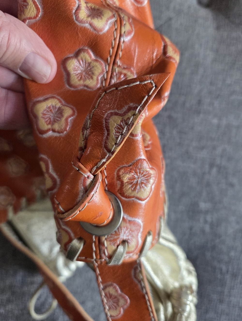 PULICATI Orange Floral Embossed Leather Bucket Bag with Gold Drawstring - Picture 12 of 13